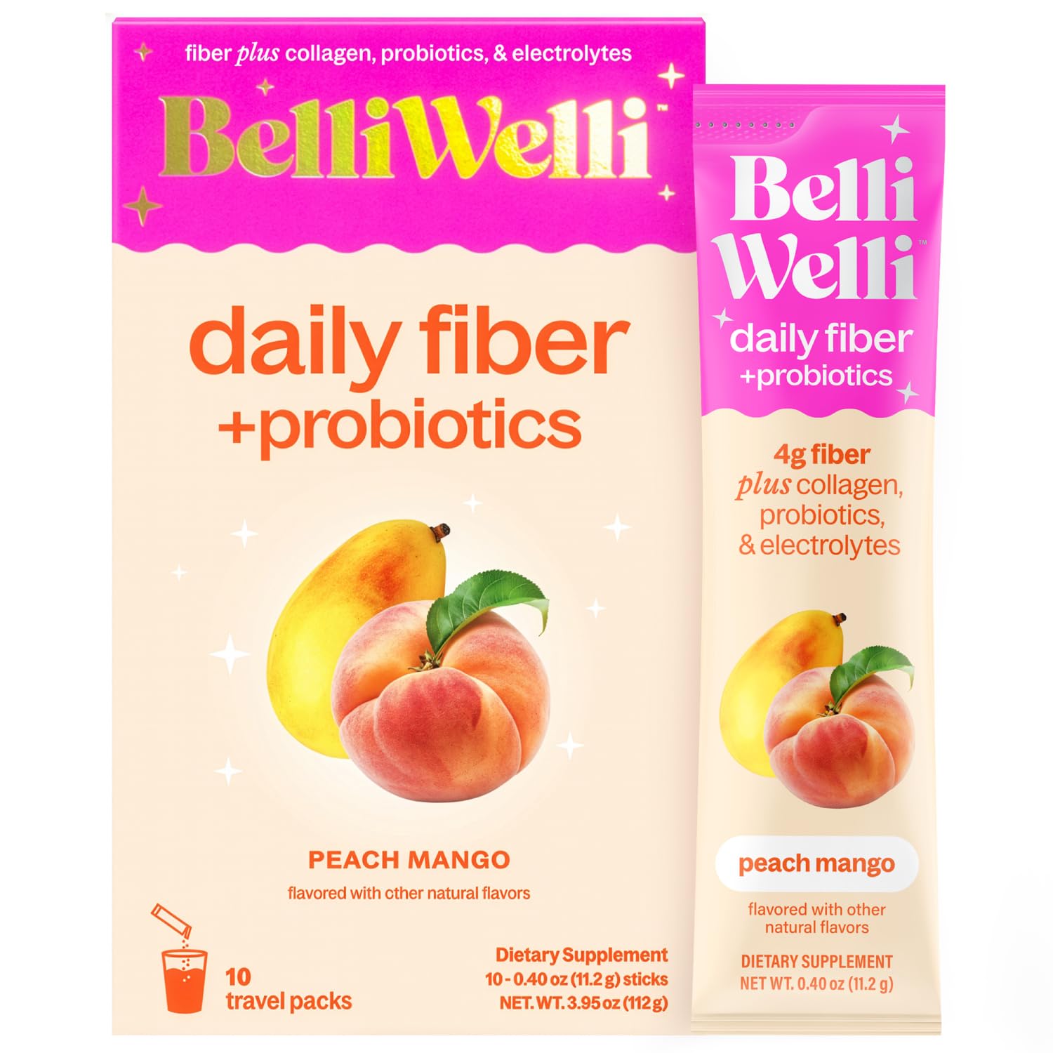 Belli Welli Fiber Supplement Powder with Probiotics, Peach Mango, 0.4 oz (Pack of 10)