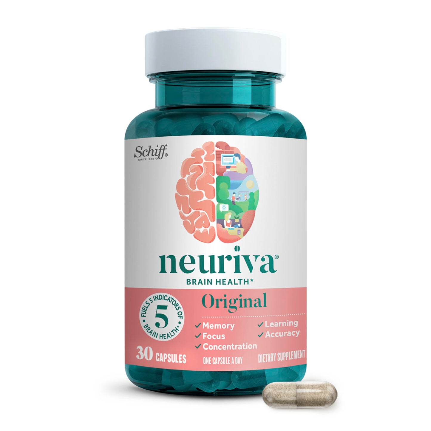 NEURIVA Original Brain Supplements for Memory and Focus, Clinically Tested Nootropics Phosphatidylserine and Neurofactor, 30 Capsules