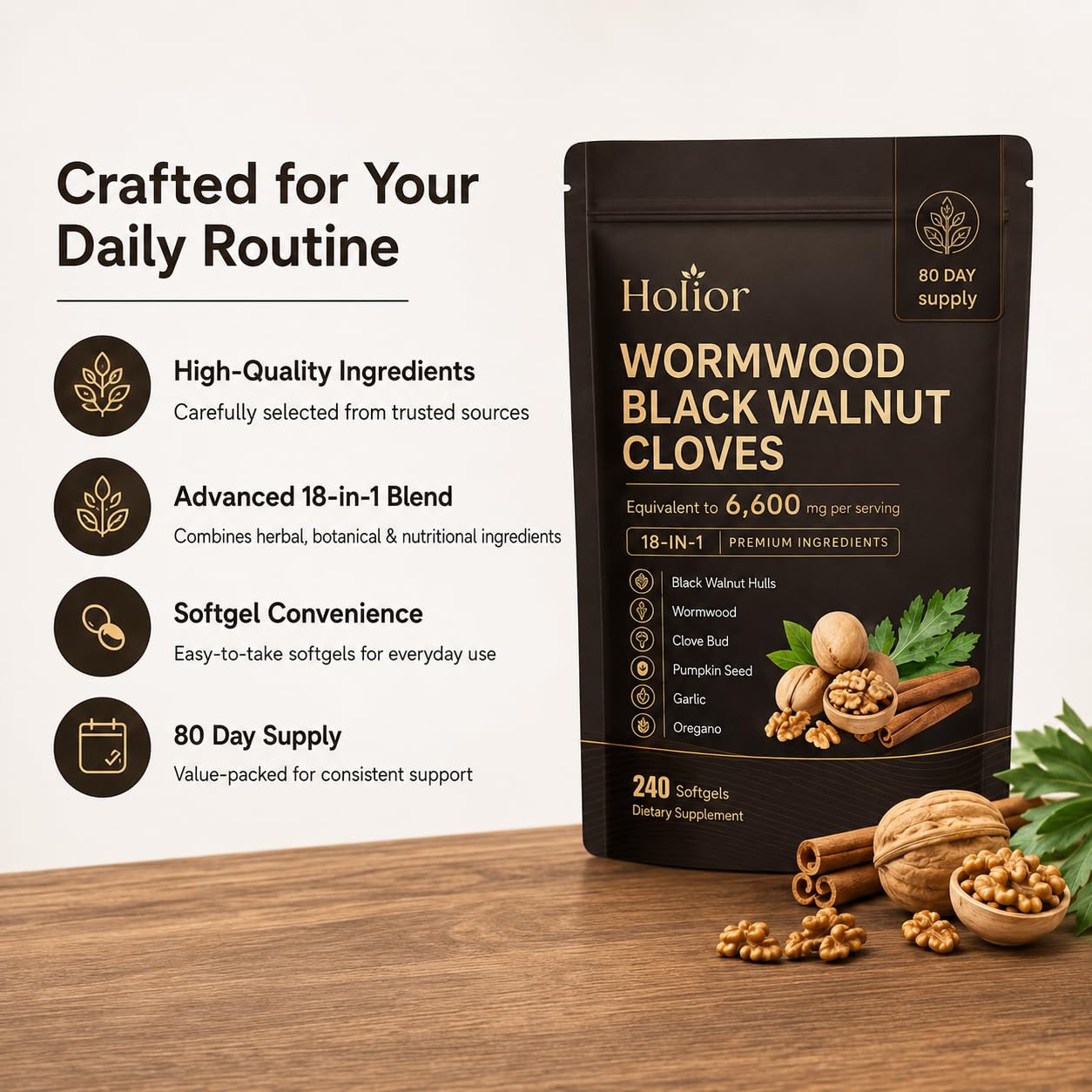 REN essentials Holior Wormwood Black Walnut Cloves 18-in-1 Herbal Supplement Softgels 240