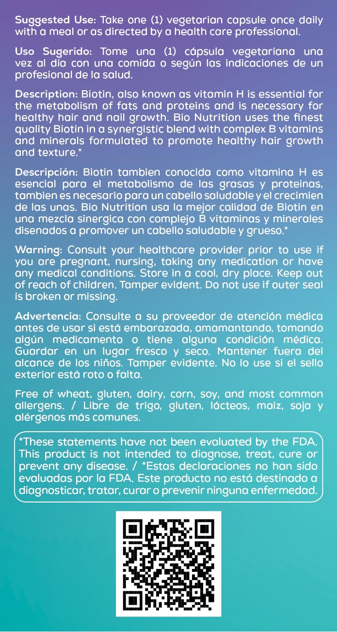 Bio Nutrition Healthy Hair Biotin Vegi-Caps Capsules, 60 Count