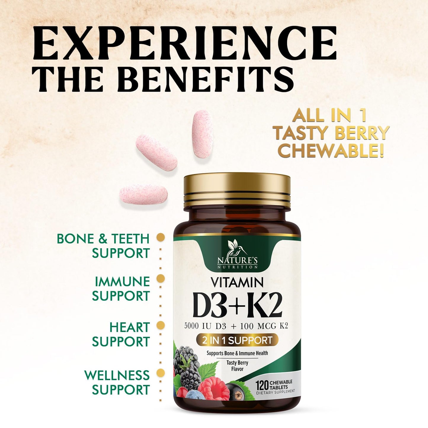 Nature's Nutrition Vitamin D3 K2 Supplement Tablet 120 Tablets
