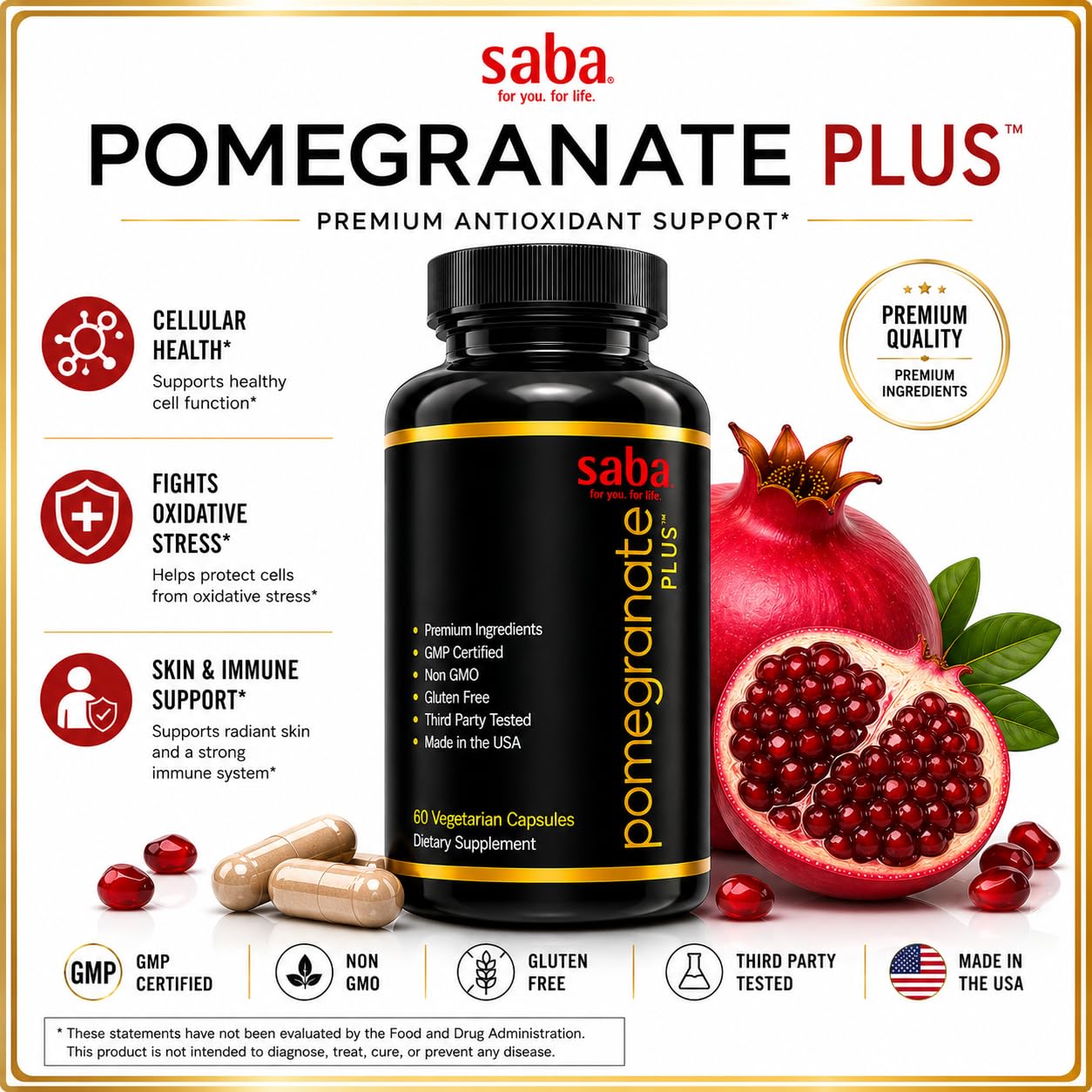 Saba Pomegranate Plus Astaxanthin Supplement with AstaReal & Pomegranate Extract 60 Capsules