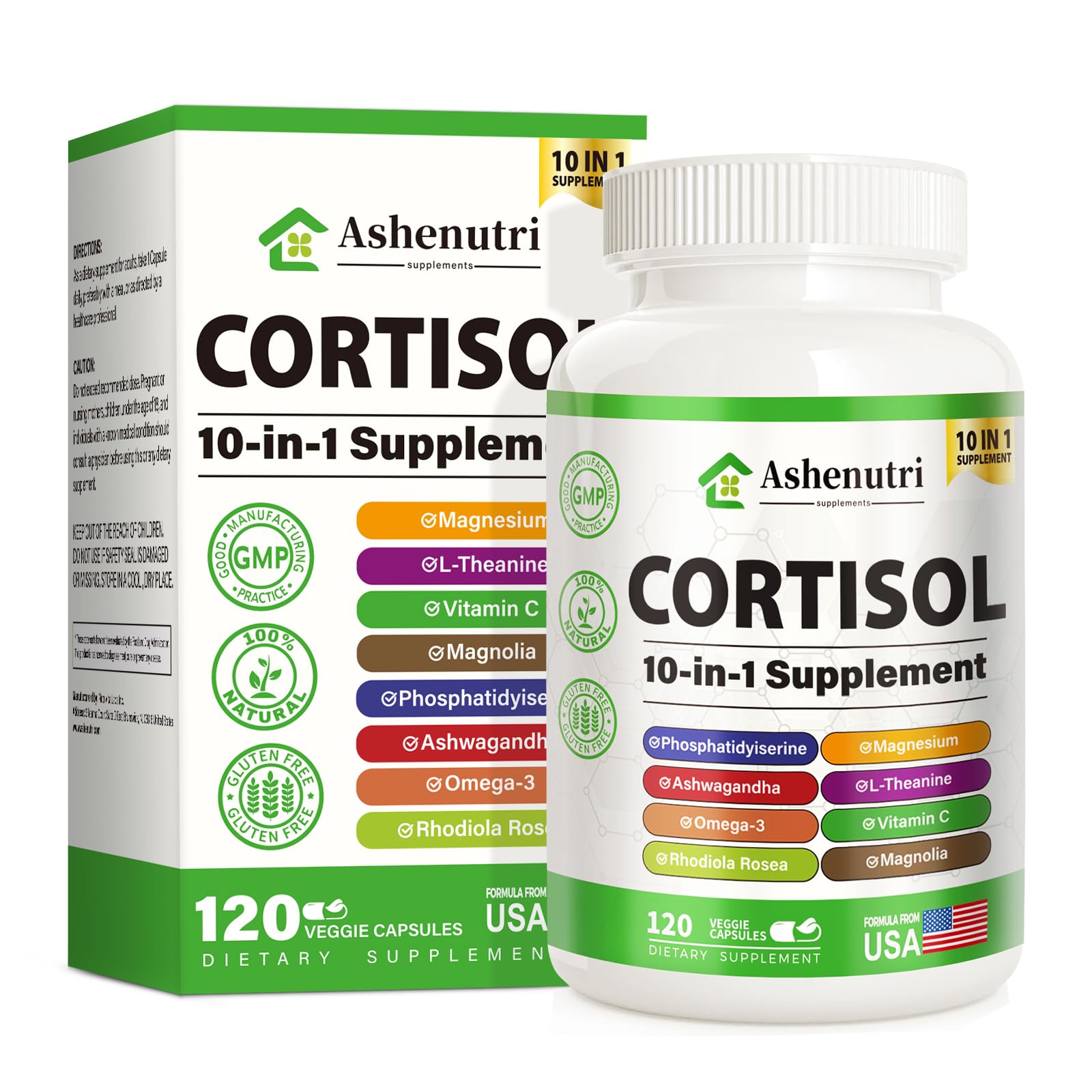 Ashenutri 10-in-1 Cortisol Supplement with Magnesium, Ashwagandha, Rhodiola Rosea, L Theanine, Hormone Balance for Women, 120 Capsules