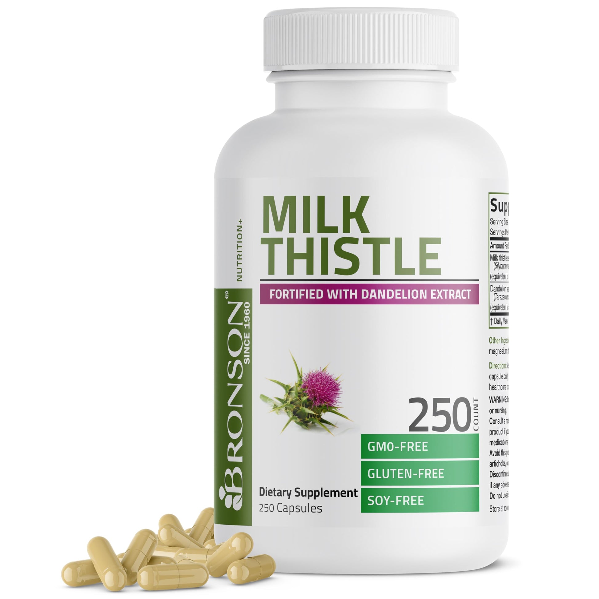 Bronson Milk Thistle Silymarin Marianum & Dandelion Extract Capsules, 250 Capsules
