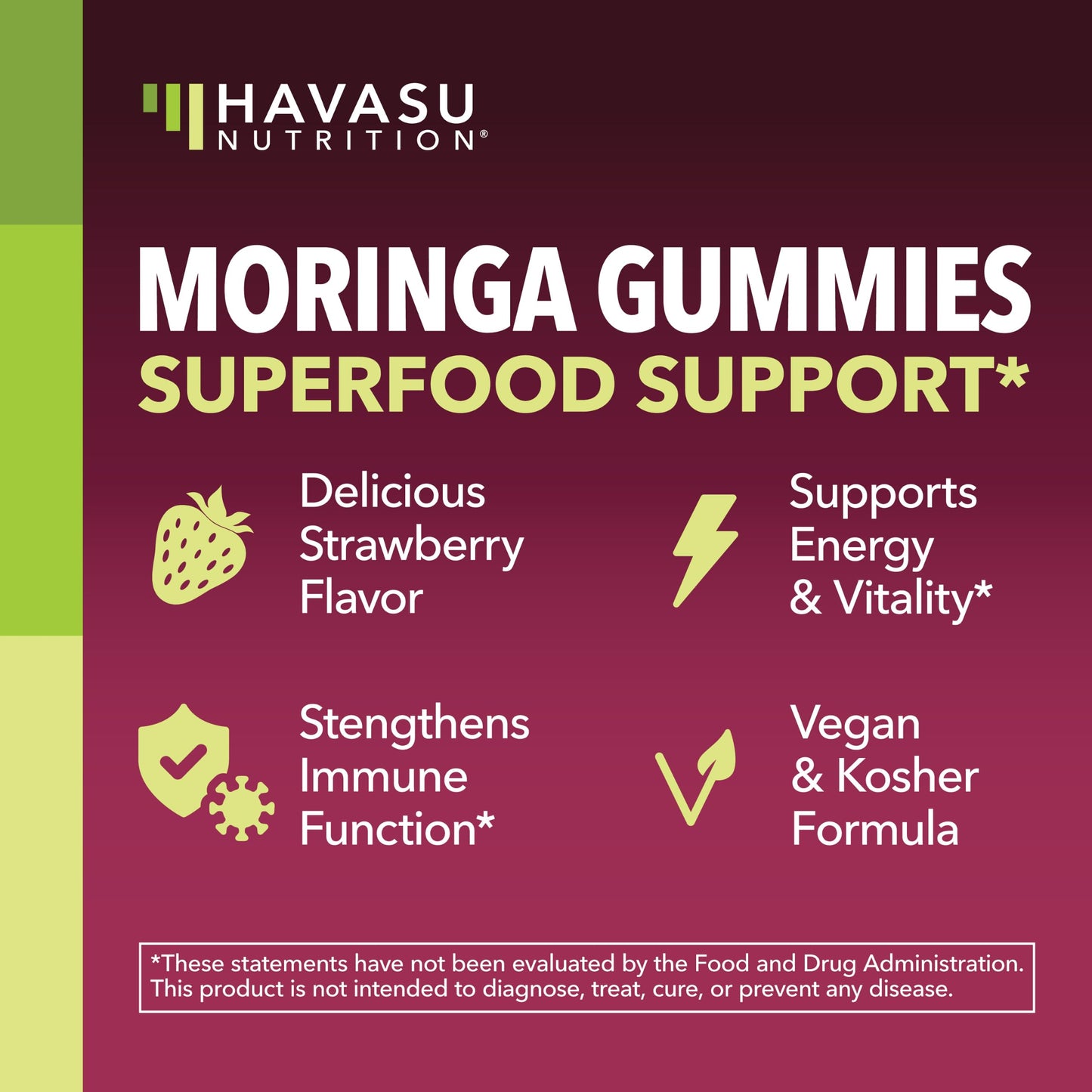 HAVASU NUTRITION Moringa Gummies 400mg Per Serving, Green Superfood Supplement, 60 Count