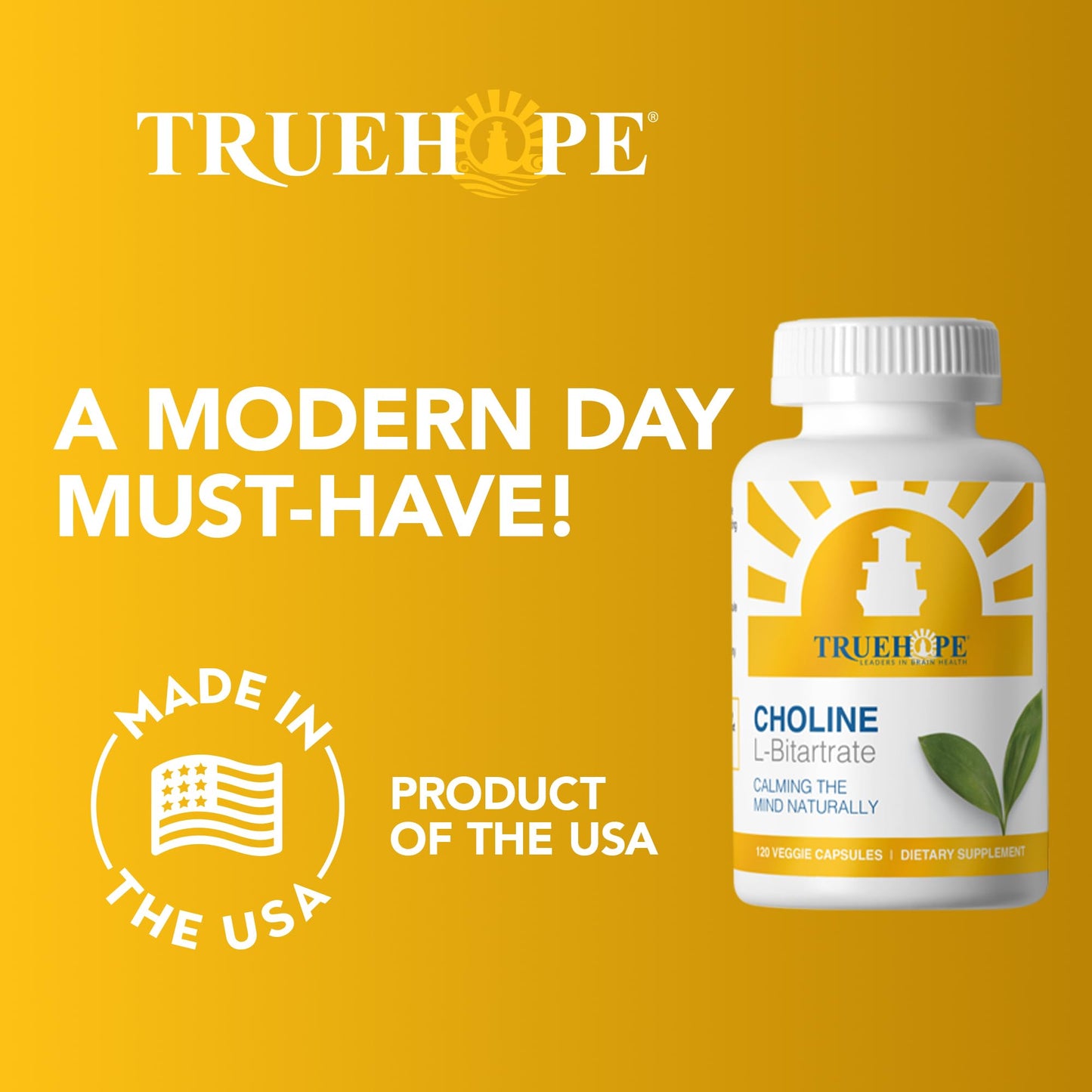 Truehope Choline L-Bitartrate Brain & Liver Support Supplement – High Absorption from Natural Bitartrate Form | Cognitive Function & Memory, Capsules 120