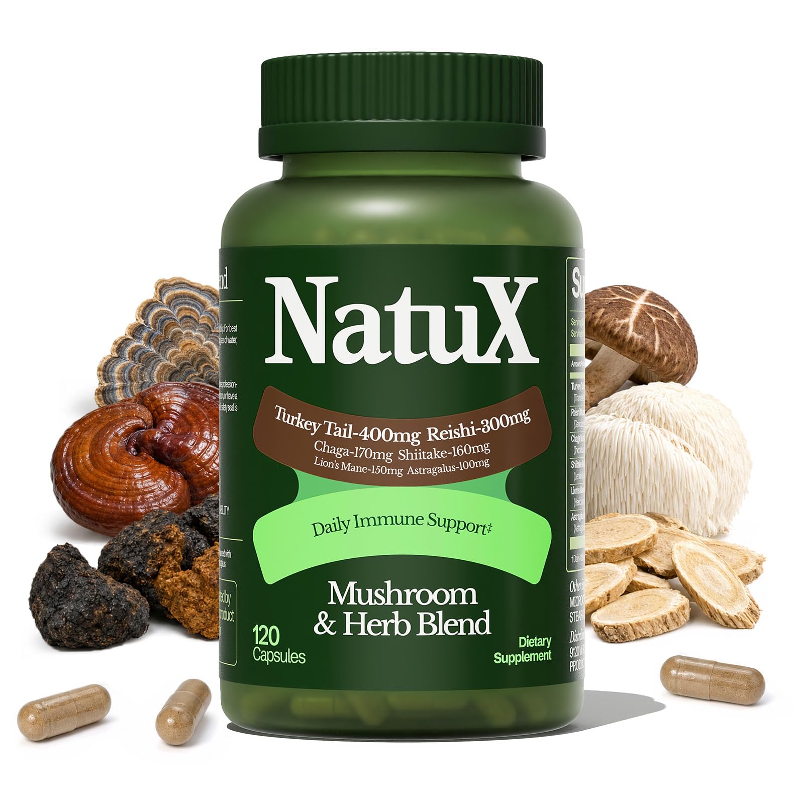 NatuX Mushroom Supplement Capsules for Immune Support, Beta-Glucans, 120 Capsules