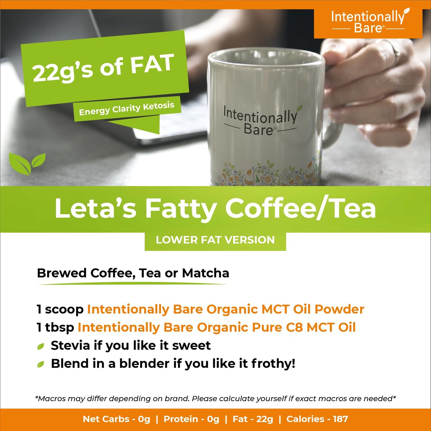 Intentionally Bare MCT Oil Powder Unflavored – Zero net Carbs 16 oz