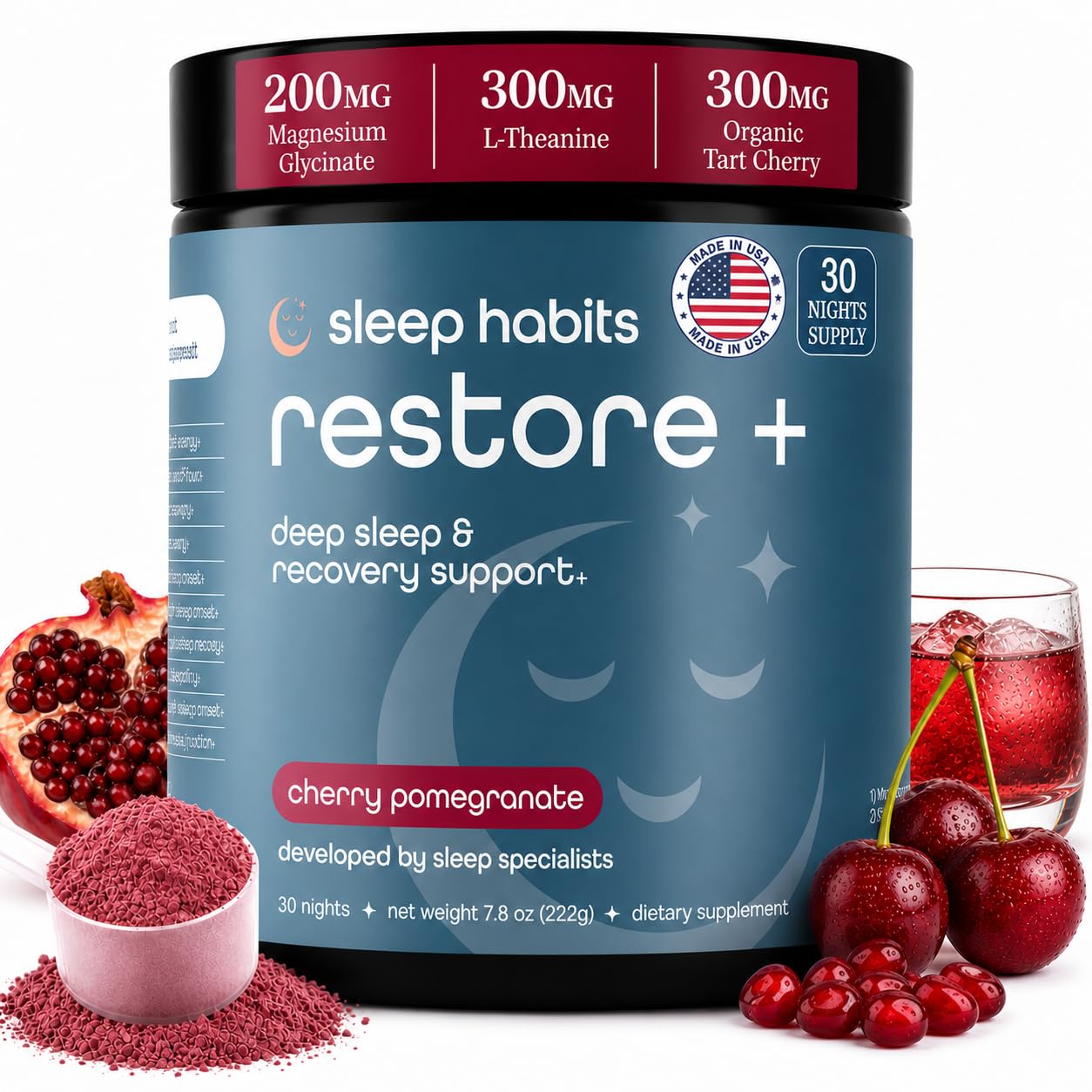 Sleep Habits Sleep Habits Restore Magnesium Glycinate with L-Theanine, Tart Cherry & Beet Root Powder 7.8 Ounce