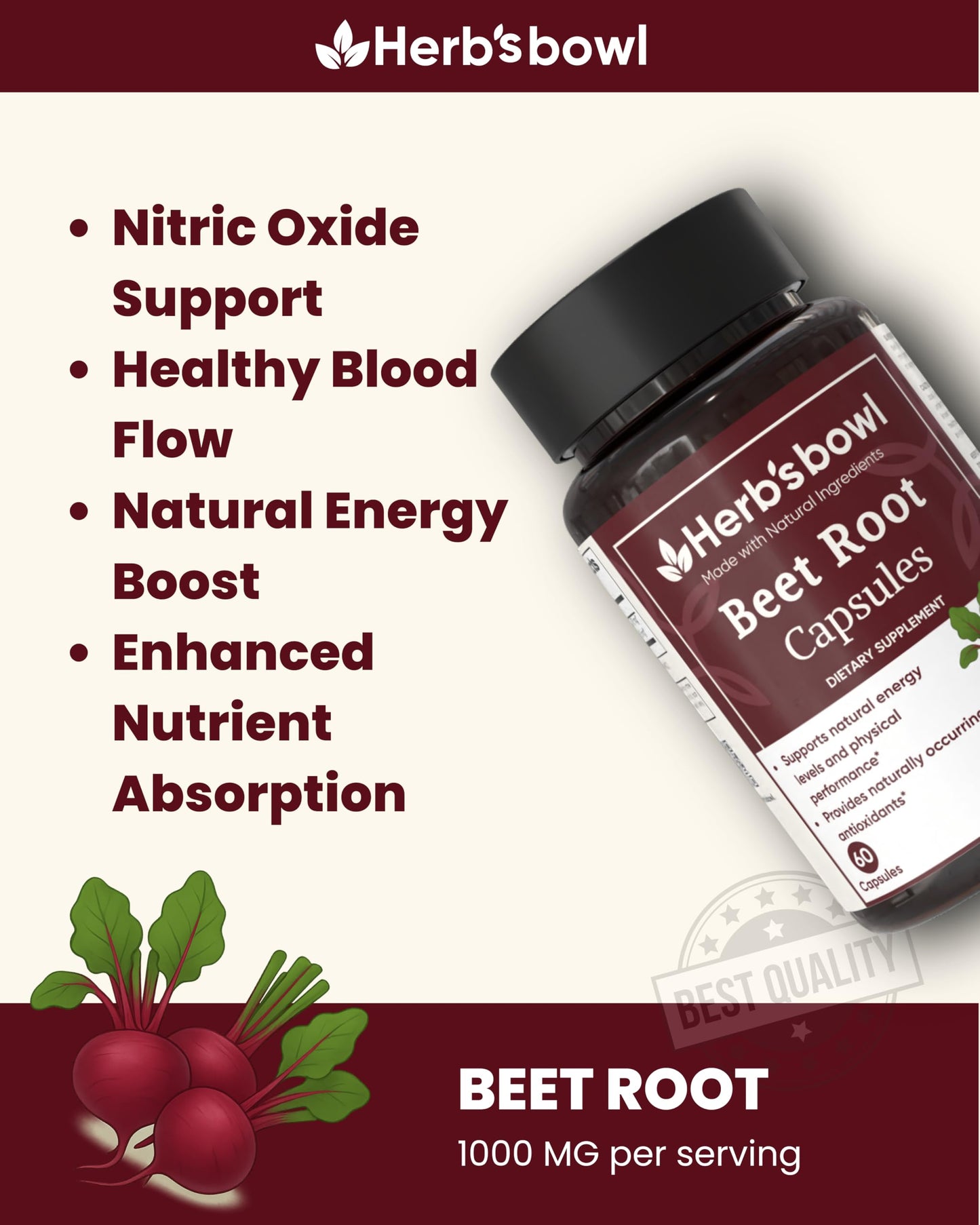Herb'sbowl Beet Root Capsules, 1000 mg per Serving, with Black Pepper, Natural Energy Support, 60 Capsules