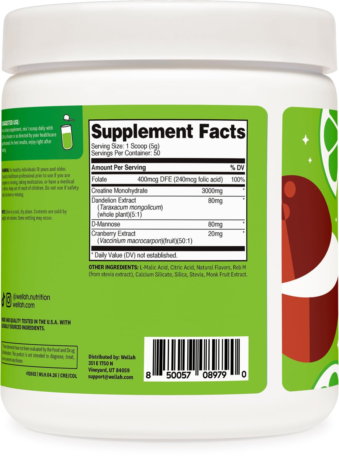 Wellah Creatine for Women (Coconut Lime) Powder, 50 Servings