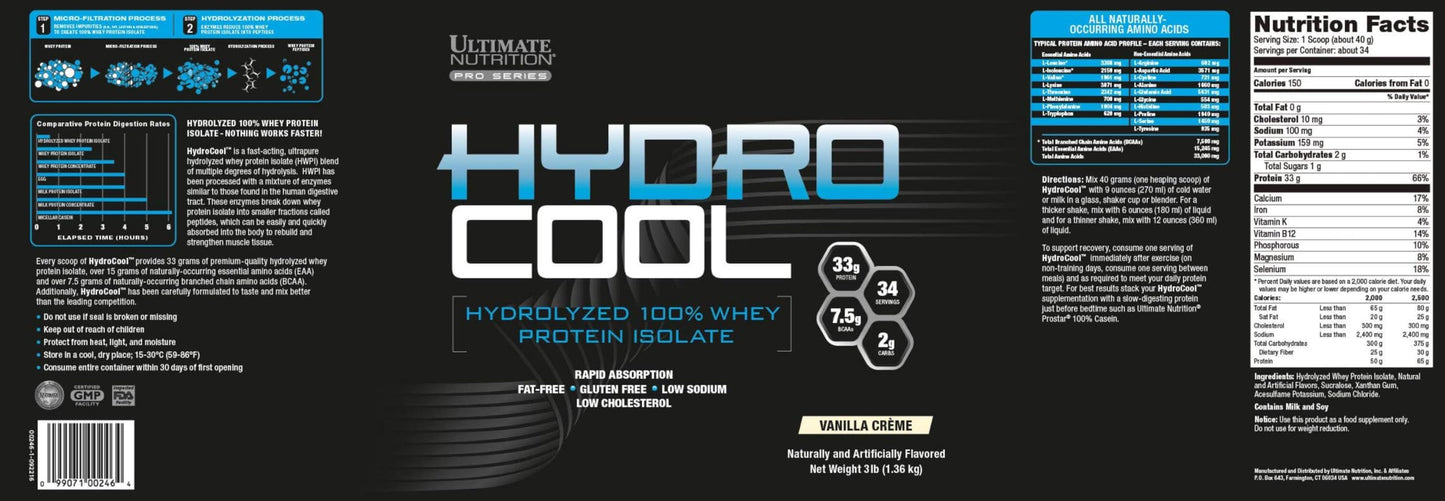 Ultimate Nutrition HydroCool Hydrolyzed Whey Protein Isolate Powder Vanilla, 48 Servings
