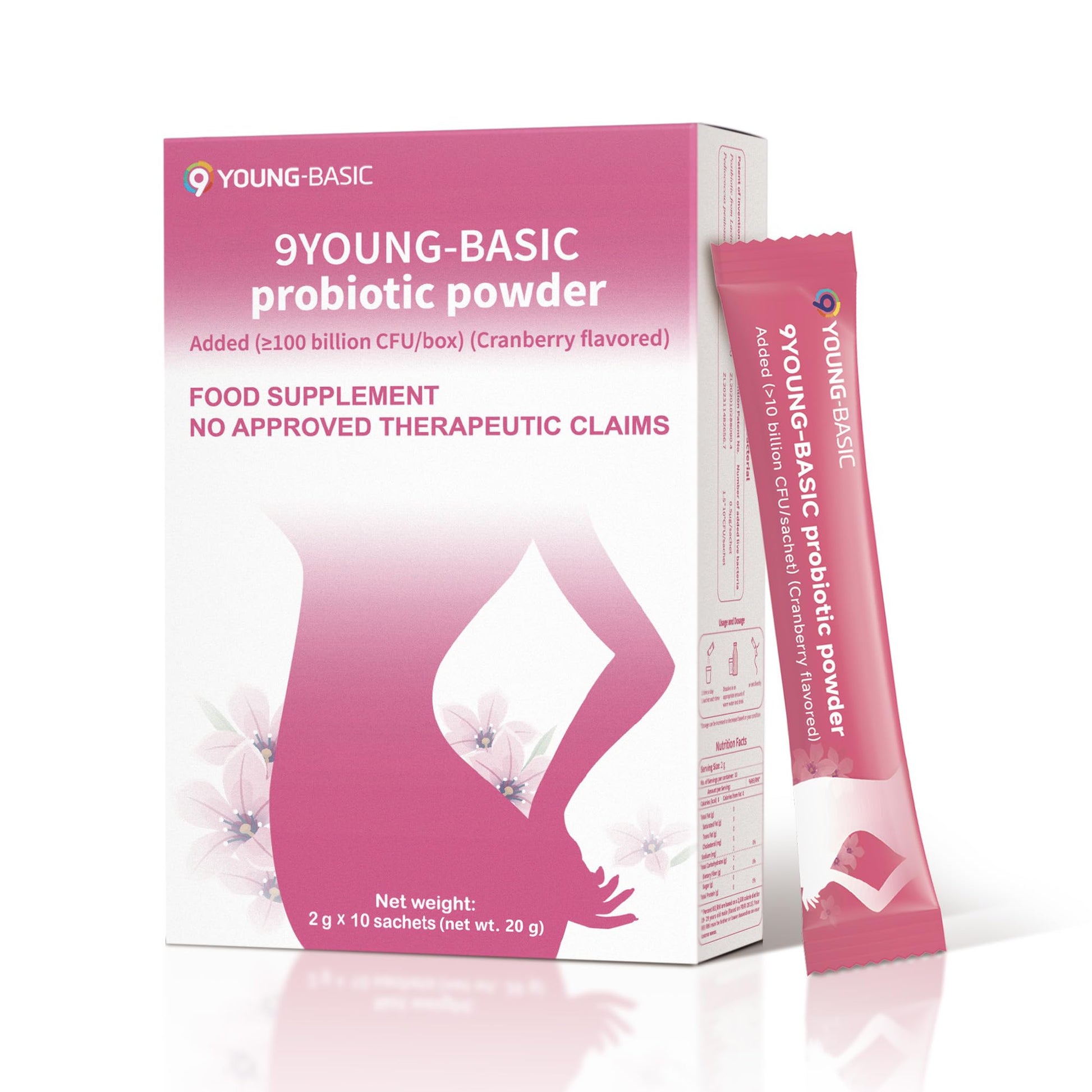 9 YOUNG-BASIC Probiotic Powder for Women, 100+ Billion CFU, Cranberry, 0.71 oz