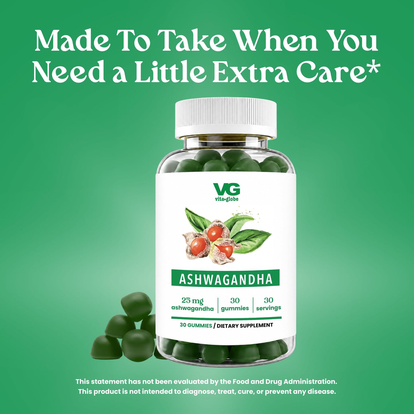 VITA GLOBE Ashwagandha Gummies 25mg for Women & Men, Vitamin D2 & Zinc, 60 Gummies