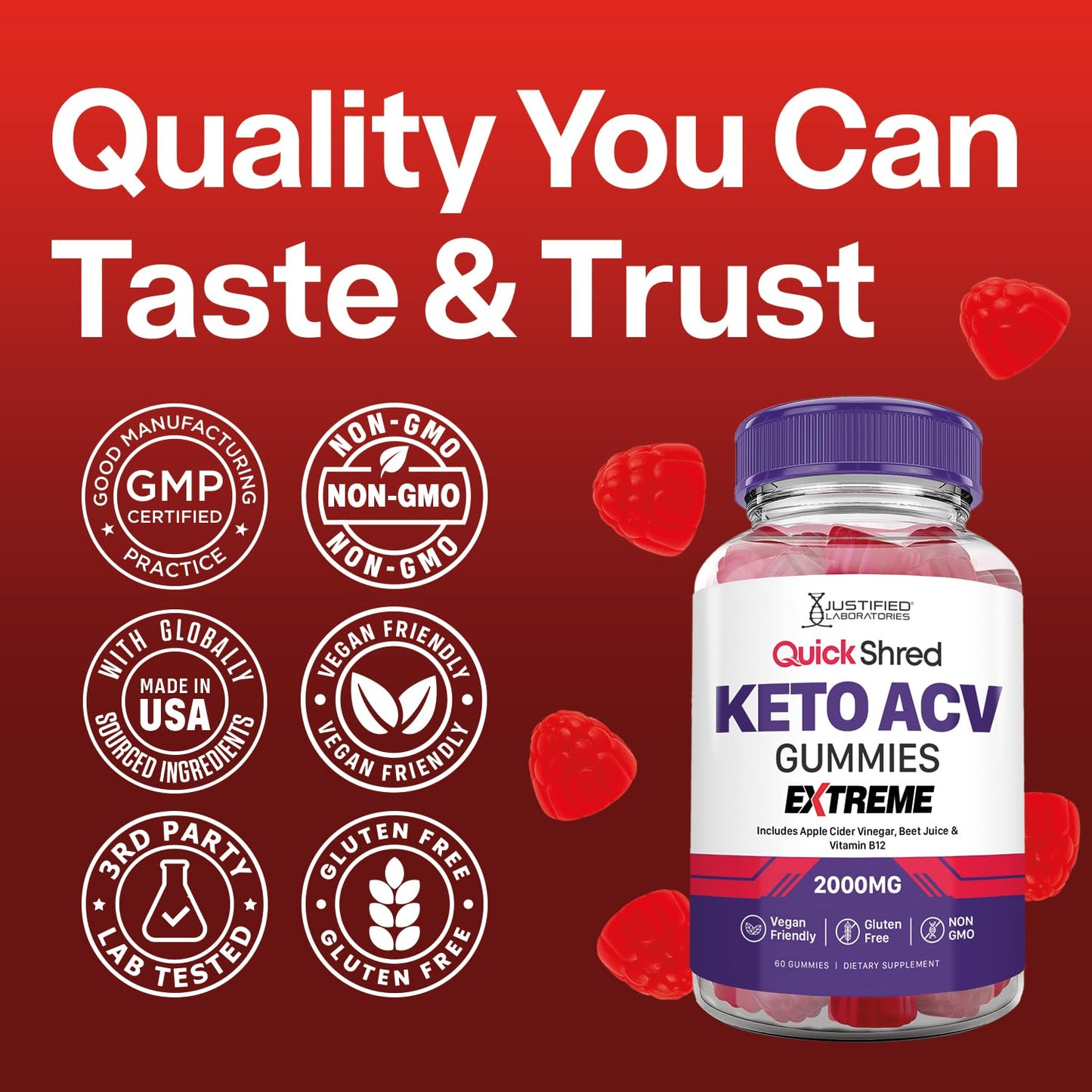 Justified Laboratories Quick Shred Keto ACV Gummies Extreme Advanced Formula 2000mg Apple Cider Vinegar Gummies with Pomegranate Beet Juice Powder & B12, Vegan, Non-GMO, 60 Gummies