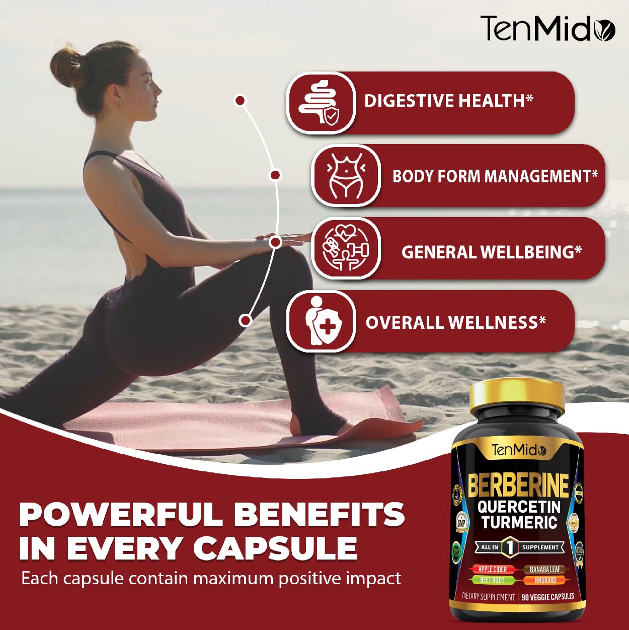 Tenmido Berberine Supplement Capsules, 90 Count