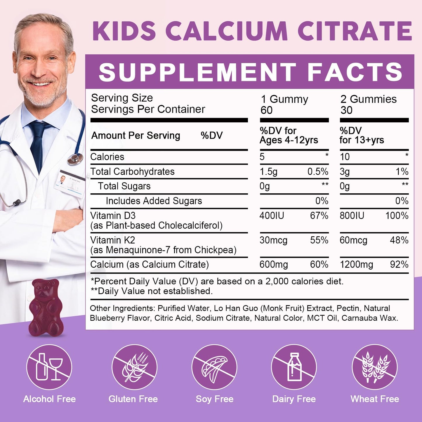 WOGORGT Calcium Citrate Gummies with Vitamin D3, 60 Count