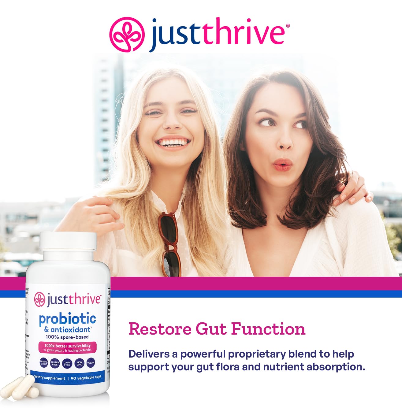 Just Thrive Probiotic & Antioxidant Supplement 100% Spore-Based Digestive and Immune Support Capsule 90 Count