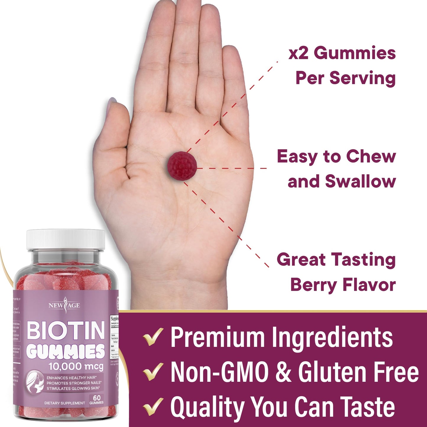 NEW AGE Biotin Gummies 10,000 mcg Non-GMO Hair, Skin & Nails – Made in USA, 120 Gummies