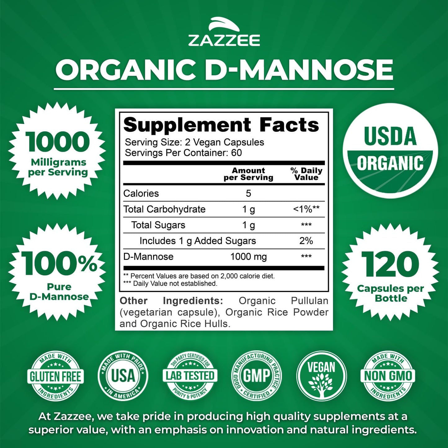 Zazzee USDA Organic D-Mannose 1000 mg Capsules, 120 Count