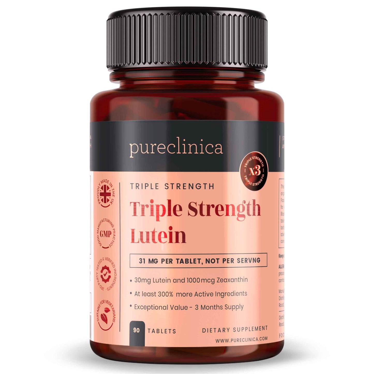 Pureclinica Lutein 30mg with Zeaxanthin 1000mcg – Triple Strength Supplement, 90 Tablets