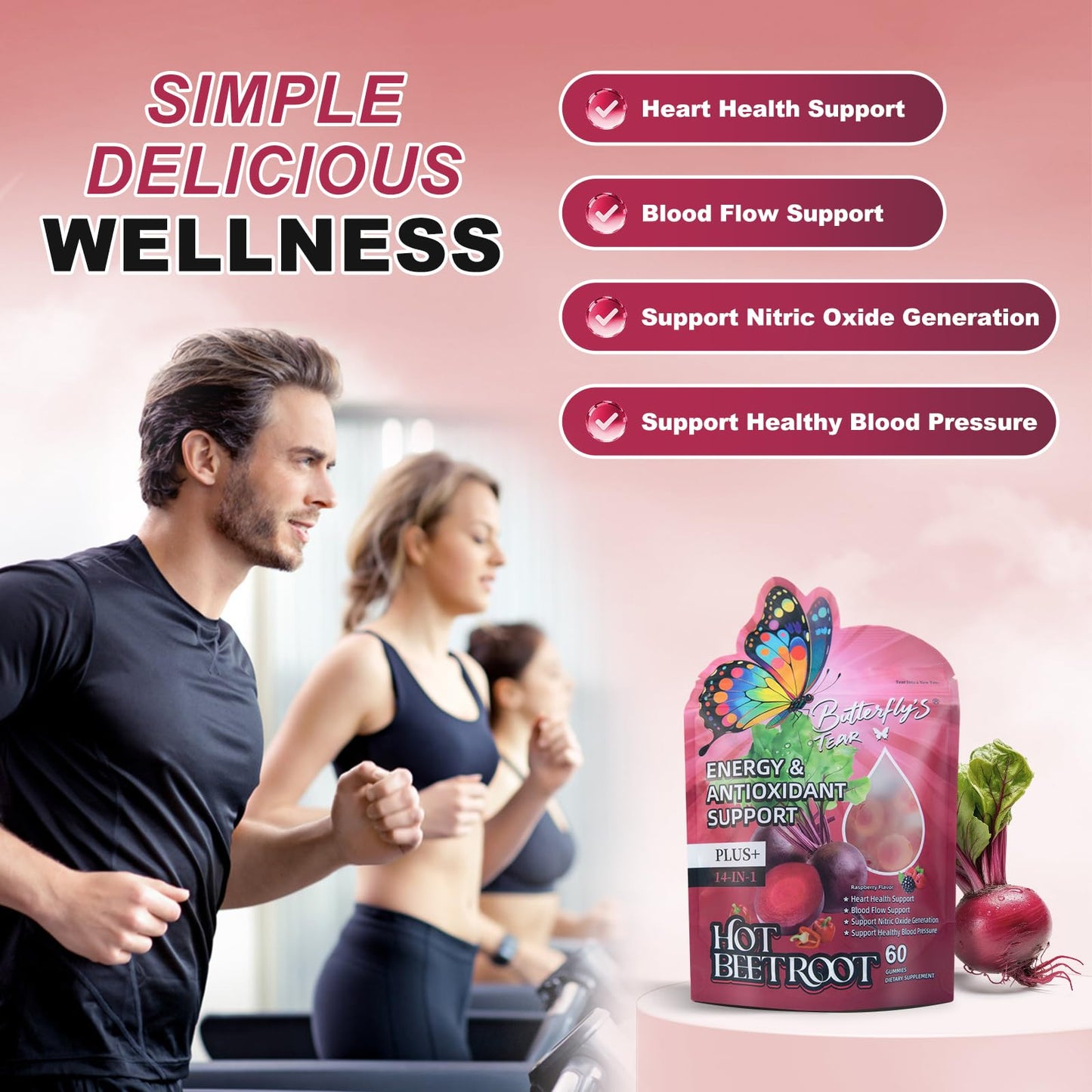 BUTTERFLY'S TEAR Beet Root & Berberine Gummies, Nitric Oxide & Metabolism Support, Energy, Circulation with Cinnamon, Vitamin D3 K2 E, Sugar Free, Non-GMO, 60 Gummies