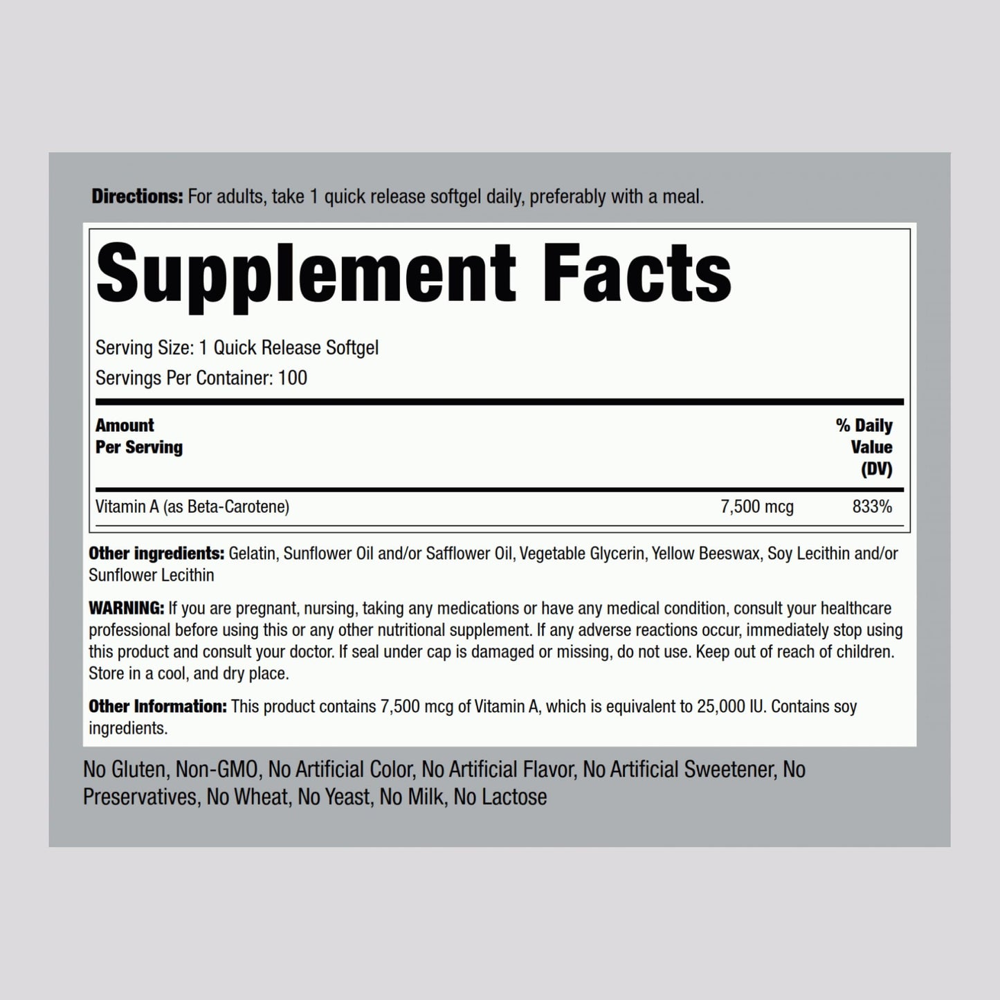 Piping Rock Beta Carotene 25000 IU Softgels 100 Count
