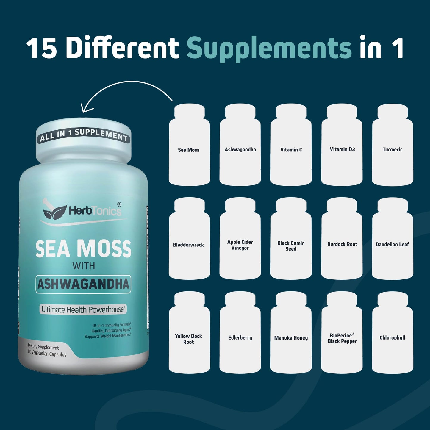 Herbtonics Sea Moss, Black Cumin Seed, Ashwagandha, Burdock Root & ACV Complex Capsule, 60 Count