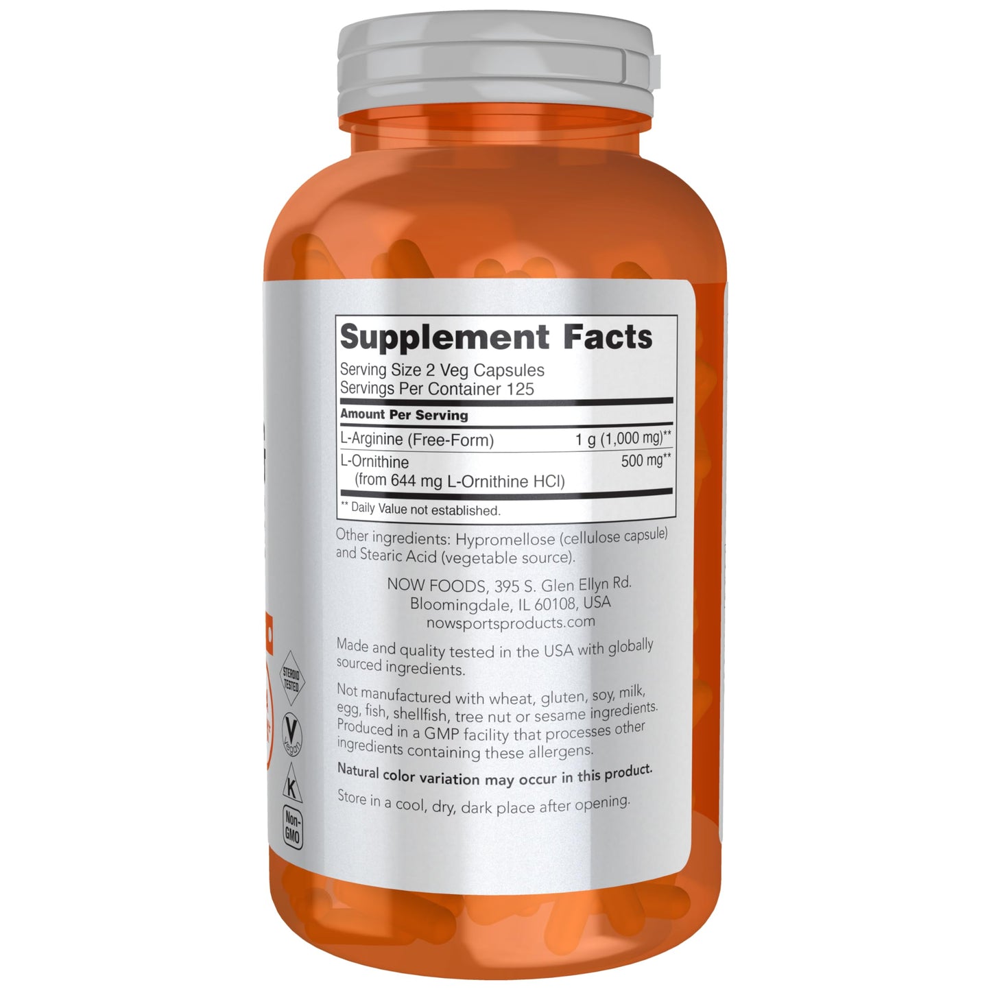 NOW Foods Arginine & Ornithine 500/250 mg Veg Capsules, 250 Count