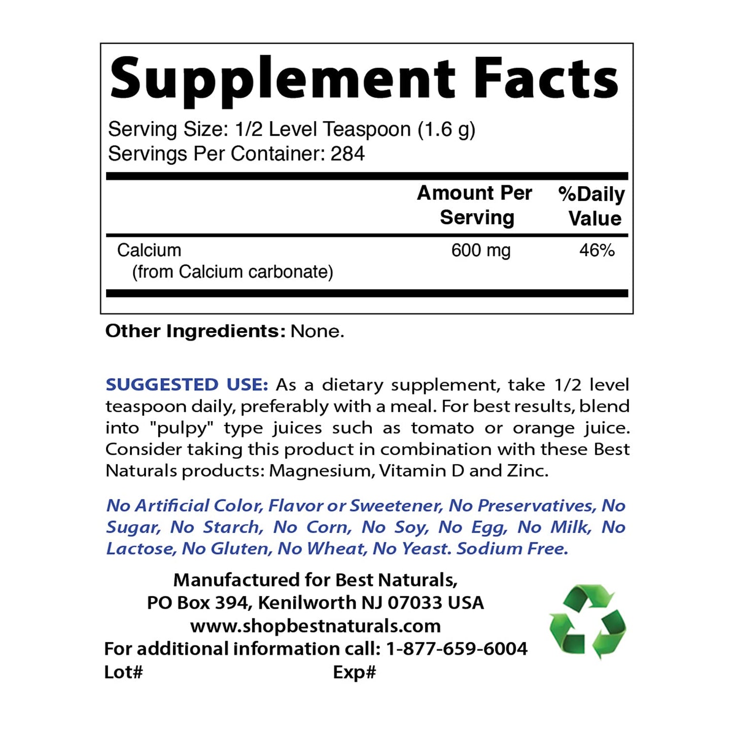 Best Naturals Calcium Carbonate Powder (1 Pound) & Magnesium Oxide 500 mg, 2 Count