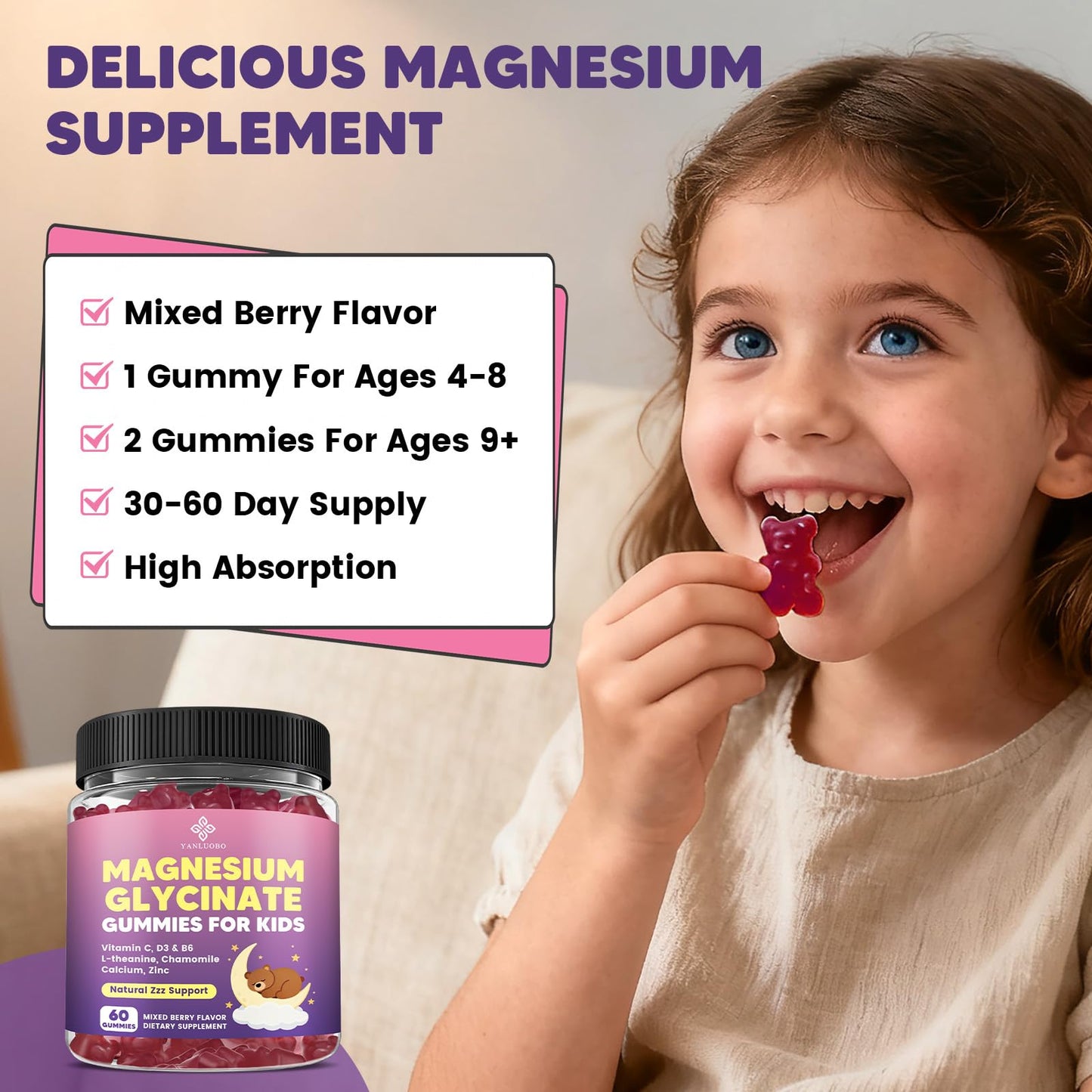 YANLUOBO Kids Magnesium Glycinate Gummies 60 Count