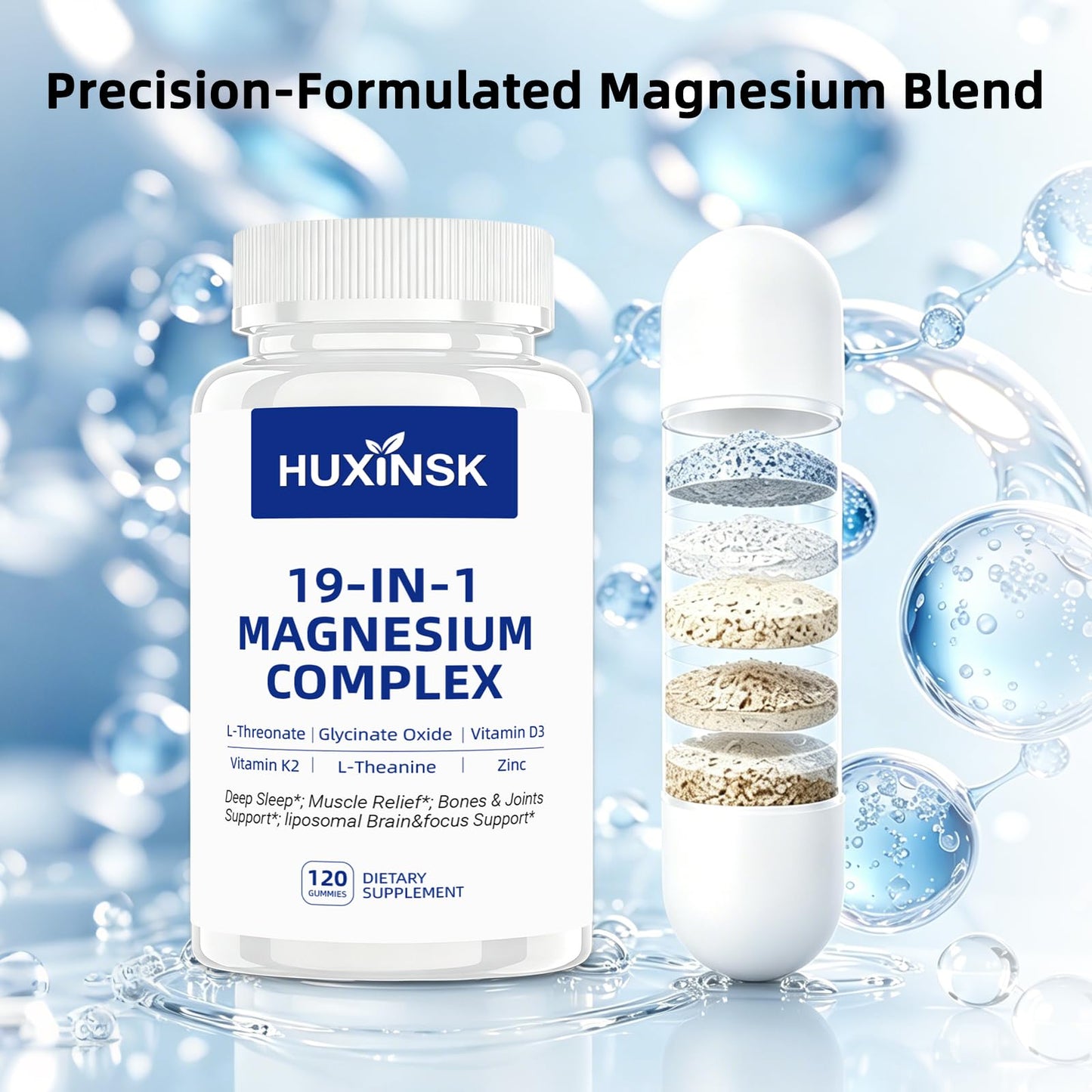 HUXINSK 19-in-1 Magnesium Complex 1000 mg – L-Threonate, Glycinate, Malate with Ashwagandha, L-Theanine, D3+K2, CoQ10, Zinc, Vitamin C, B6 & B12 – High Absorption Capsule 120 Count