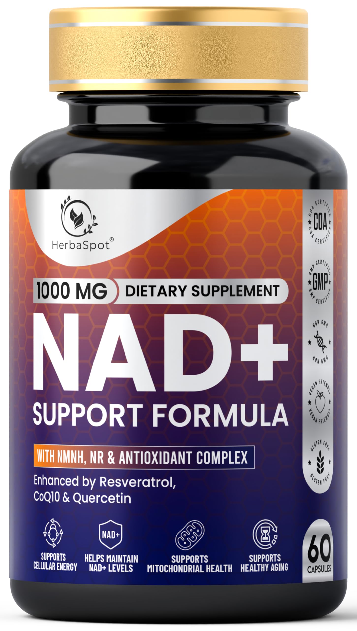 HerbaSpot NAD+ Supplement 1000mg with NMNH, Nicotinamide Riboside NR, Resveratrol & CoQ10 60 Capsules