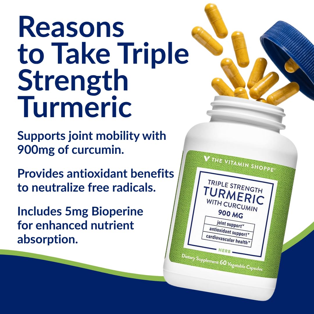 The Vitamin Shoppe Triple Strength Turmeric Supplement with Curcumin 900mg & BioPerine, Black Pepper Extract for Joint Mobility & Antioxidant Support 60 Capsules