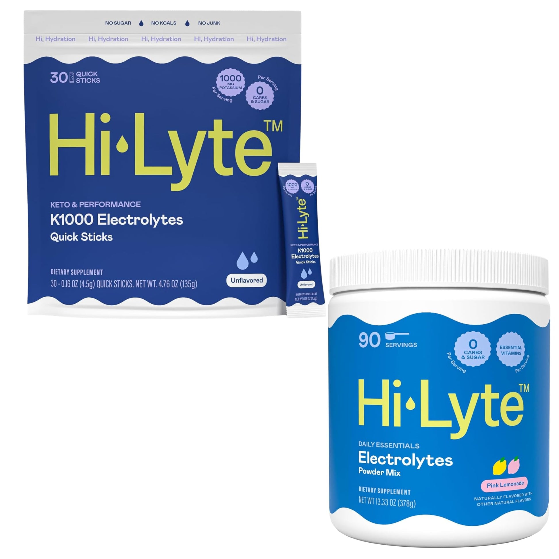Hi-Lyte Hydration Bundle - Keto K1000 Unflavored Electrolyte Packets and Pink Lemonade Electrolyte Powder, 21 Count