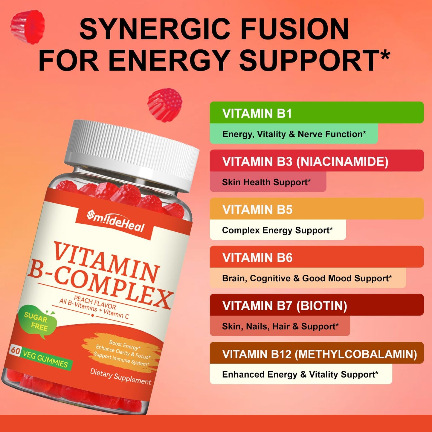 SmildeHeal Vitamin B Complex Gummies for Women & Men - B Complex with B Vitamins, Vitamin C & Choline - Energy & Immune Support - Vegan, Sugar Free, Peach Flavor - 120 Gummies