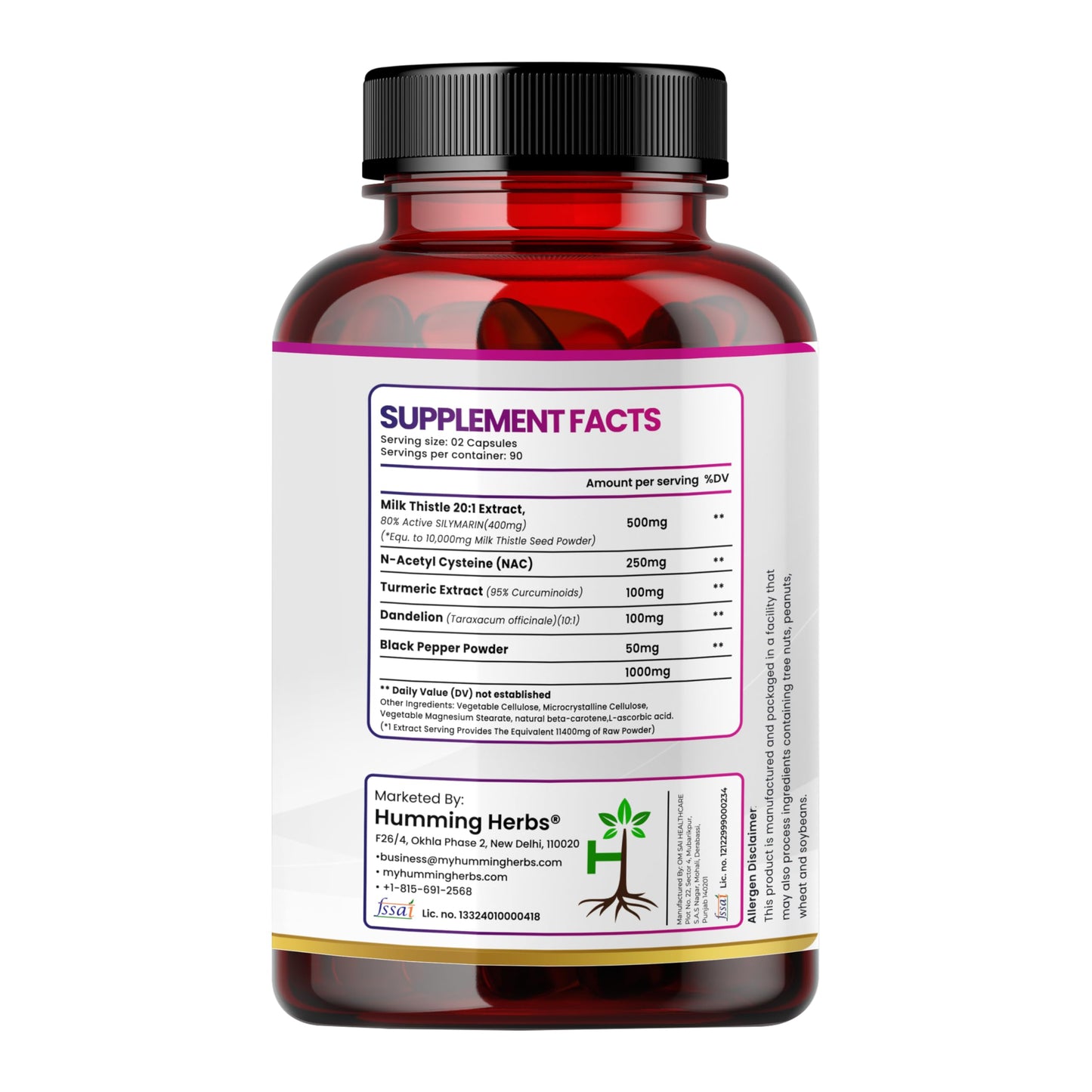 Humming Herbs Milk Thistle Supplement 1000Mg 5-in-1 Formula with NAC, Curcumin, Dandelion & Black Pepper Capsules 180