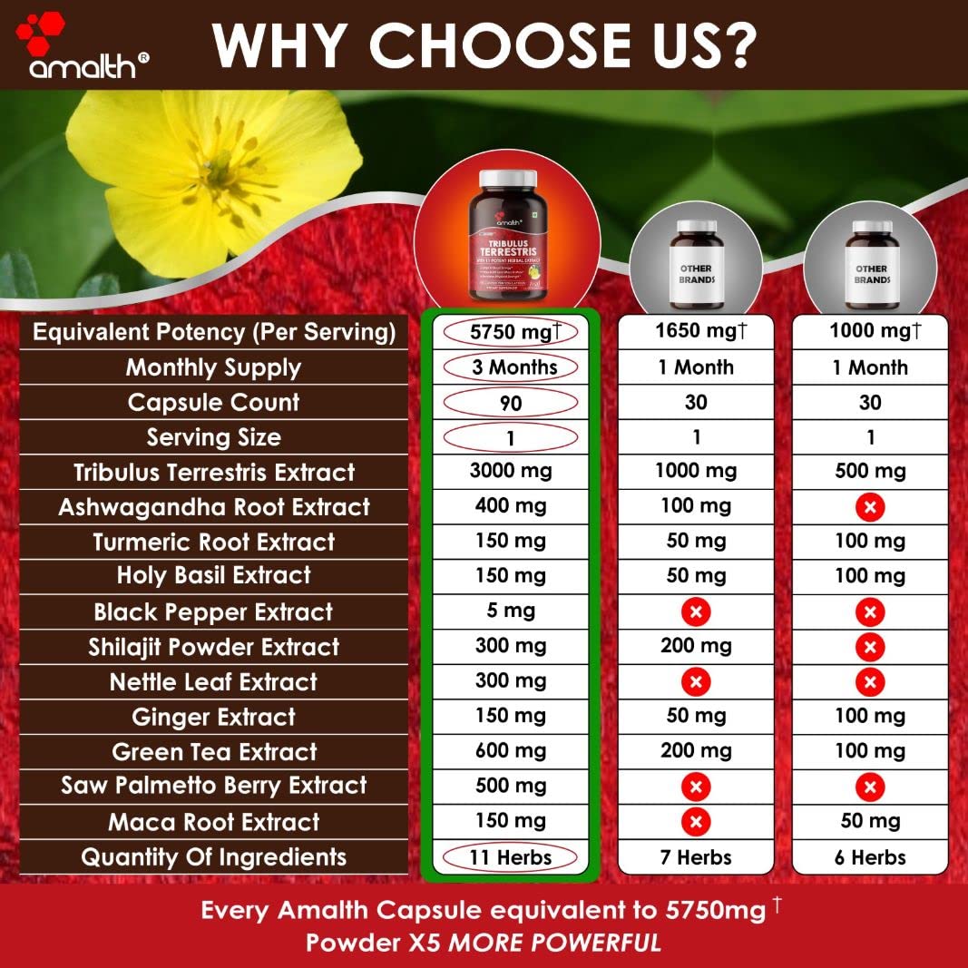 AMALTH Tribulus Terrsestris 20:1 Extract with Ashwagandha, Saw Palmetto, Shilajit Capsules, 90 Count
