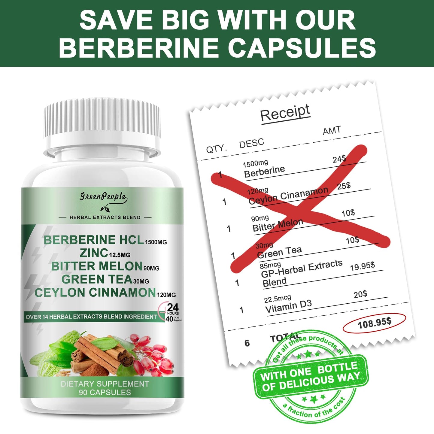 GREENPEOPLE Berberine 1500mg Capsules with Ceylon Cinnamon for Immune Support, 90 Count