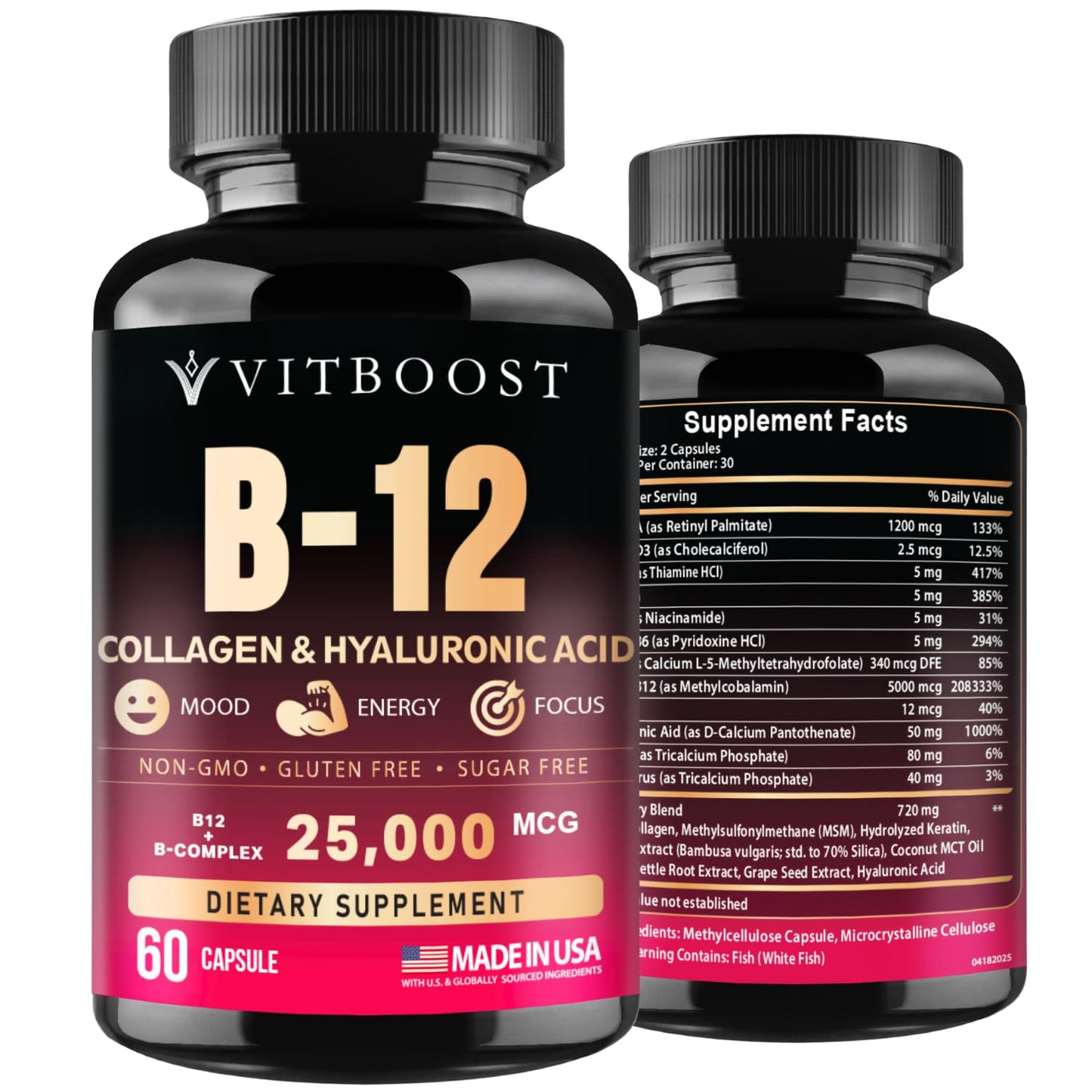 VITBOOST B12 Complex with Hyaluronic Acid, Collagen & Folate, Methylcobalamin 5000 mcg, 60 Capsules