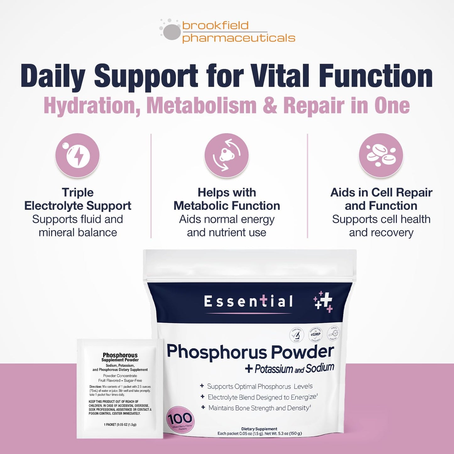 Brookfield Pharmaceuticals Phosphorus Supplements Powder Concentrate, 100 Count
