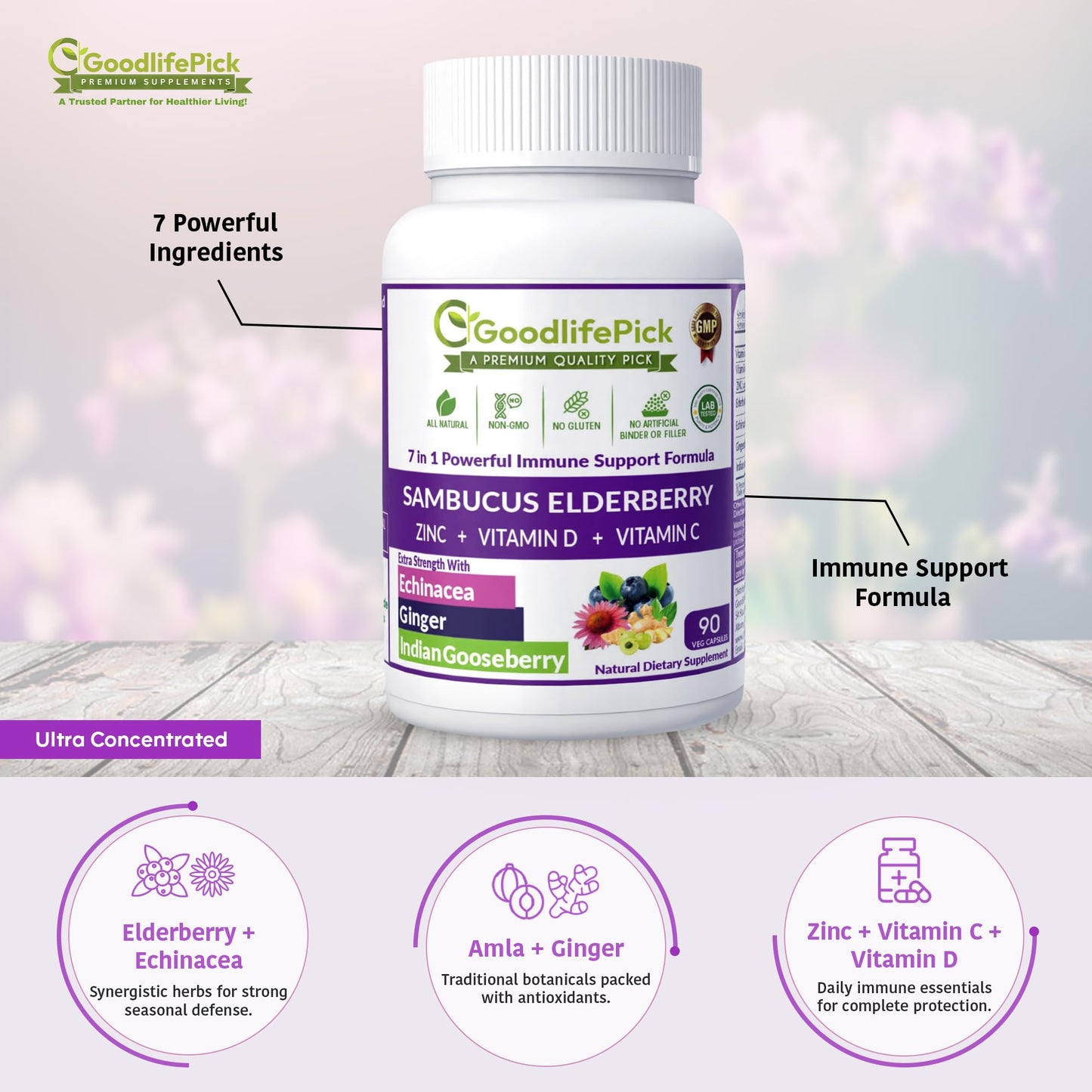 GoodlifePick 7 in 1 Elderberry with Zinc, Vitamin C, Vitamin D, Echinacea, Ginger & Indian Gooseberry (Amla) Premium Elderberry Capsules 90 ct