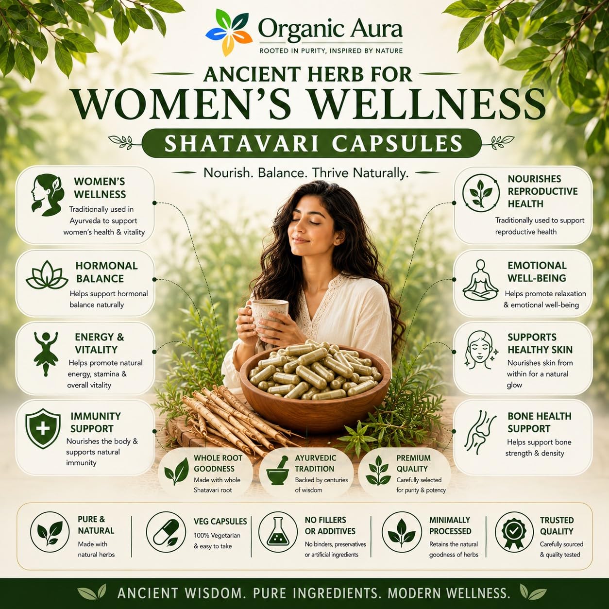 Organic Aura International Shatavari Root Powder Capsules, 150 Count
