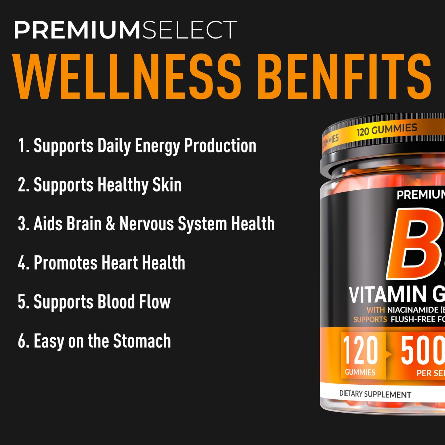 Premium Select Nutrition Vitamin B3 Gummies Niacinamide 500mg – 120 Vegan Gummies