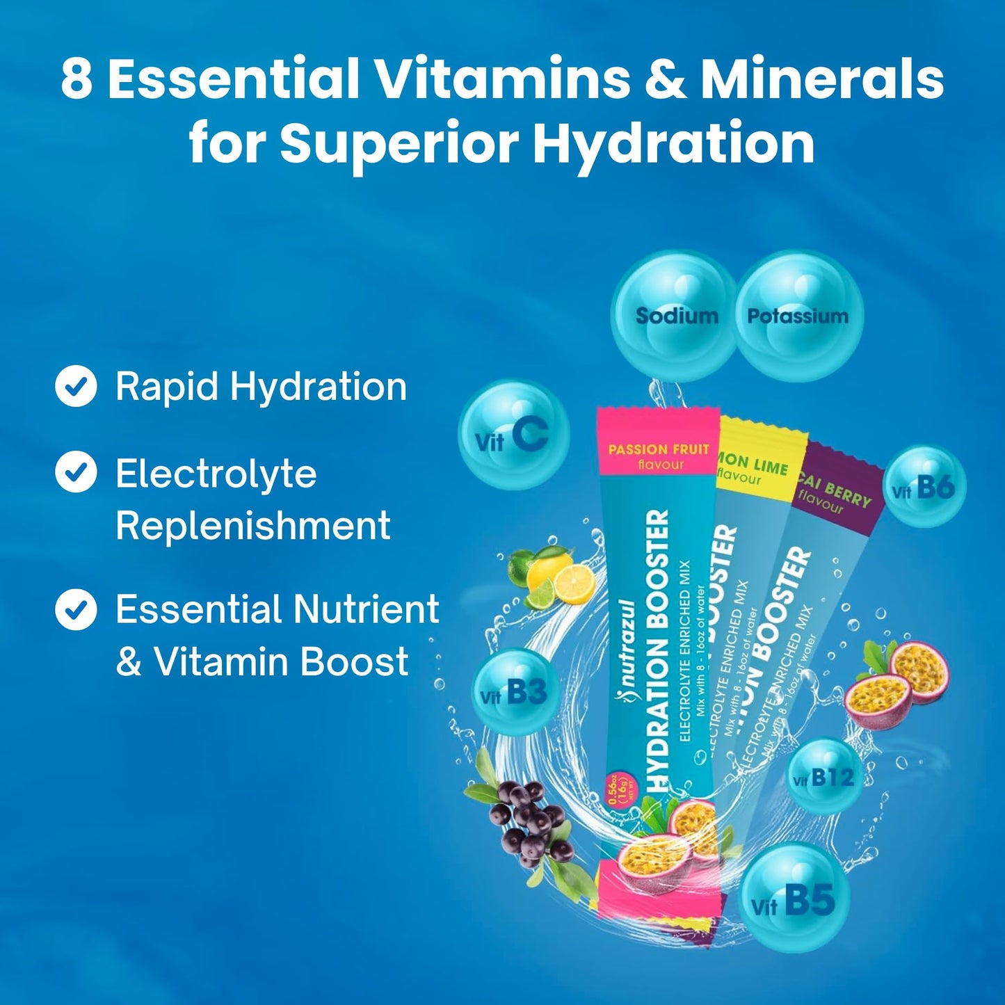 Nutrazul Hydration Booster, Electrolytes Powder Sticks 90 Sticks
