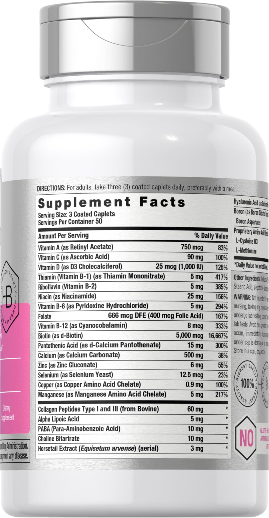 Horbäach Hair Skin and Nails Vitamins with Biotin and Collagen Caplets 150 Count