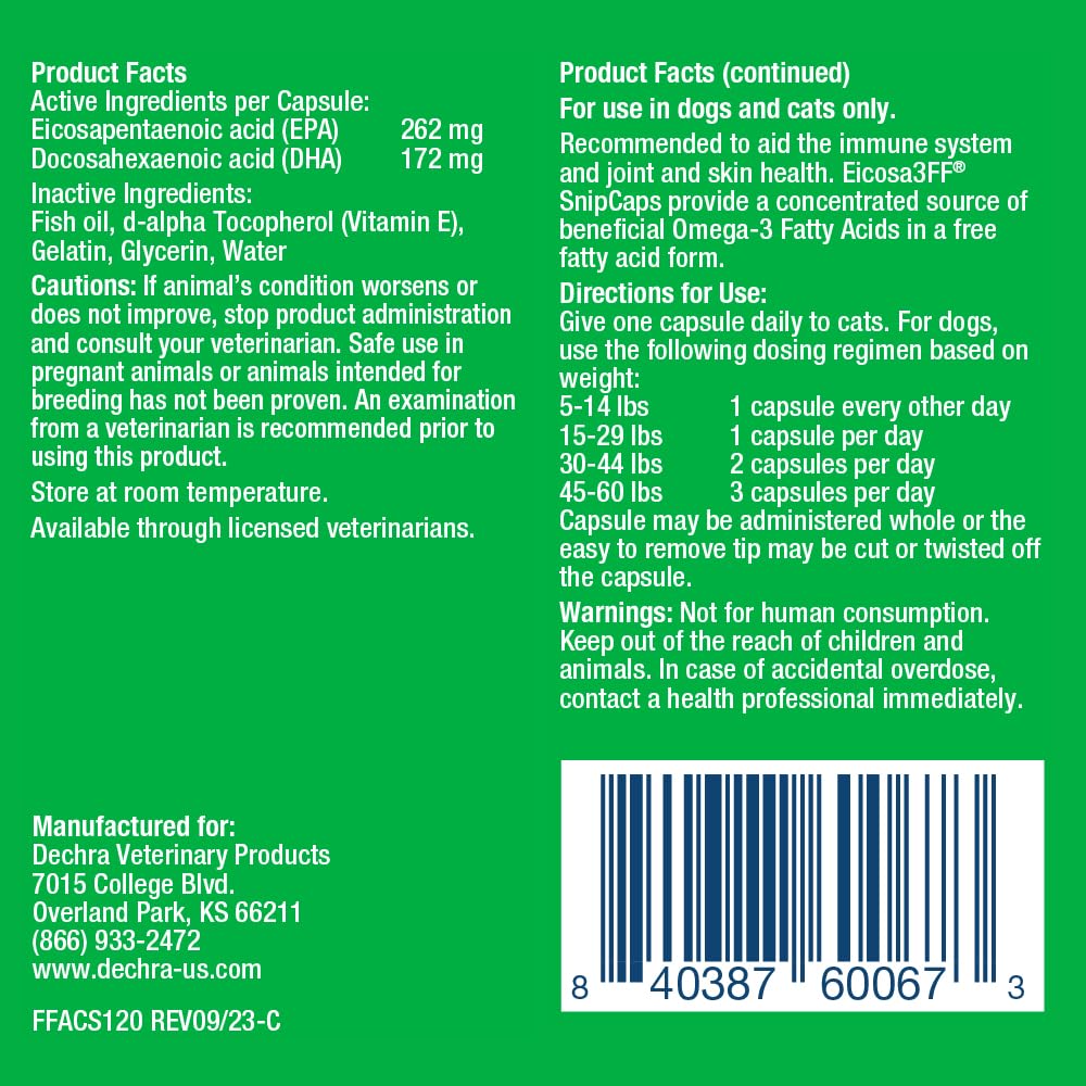 Eicosa3FF SnipCaps Omega 3 Free Fatty Acid Capsules for Dogs and Cats, Small, 120 Capsules