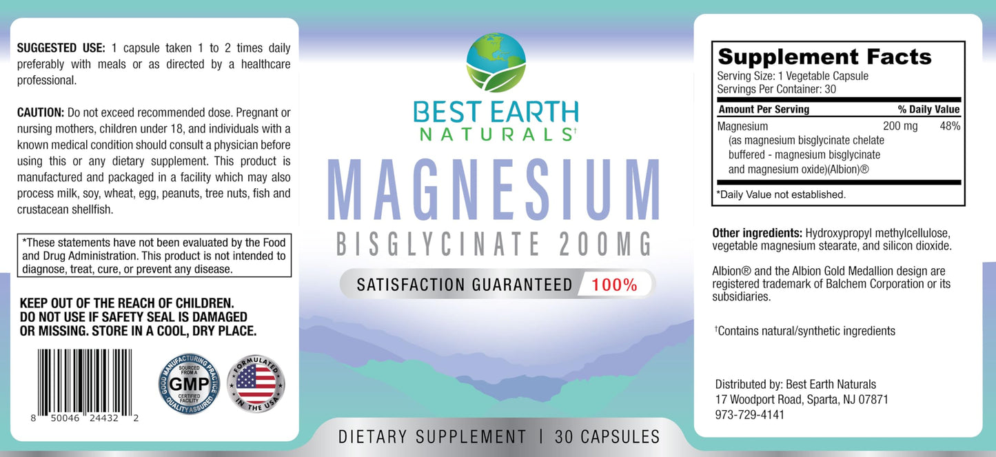 Best Earth Naturals Magnesium Bisglycinate 200 mg Vegan Formula for Joint, Digestion, and Rest Support Capsules, 30 Count