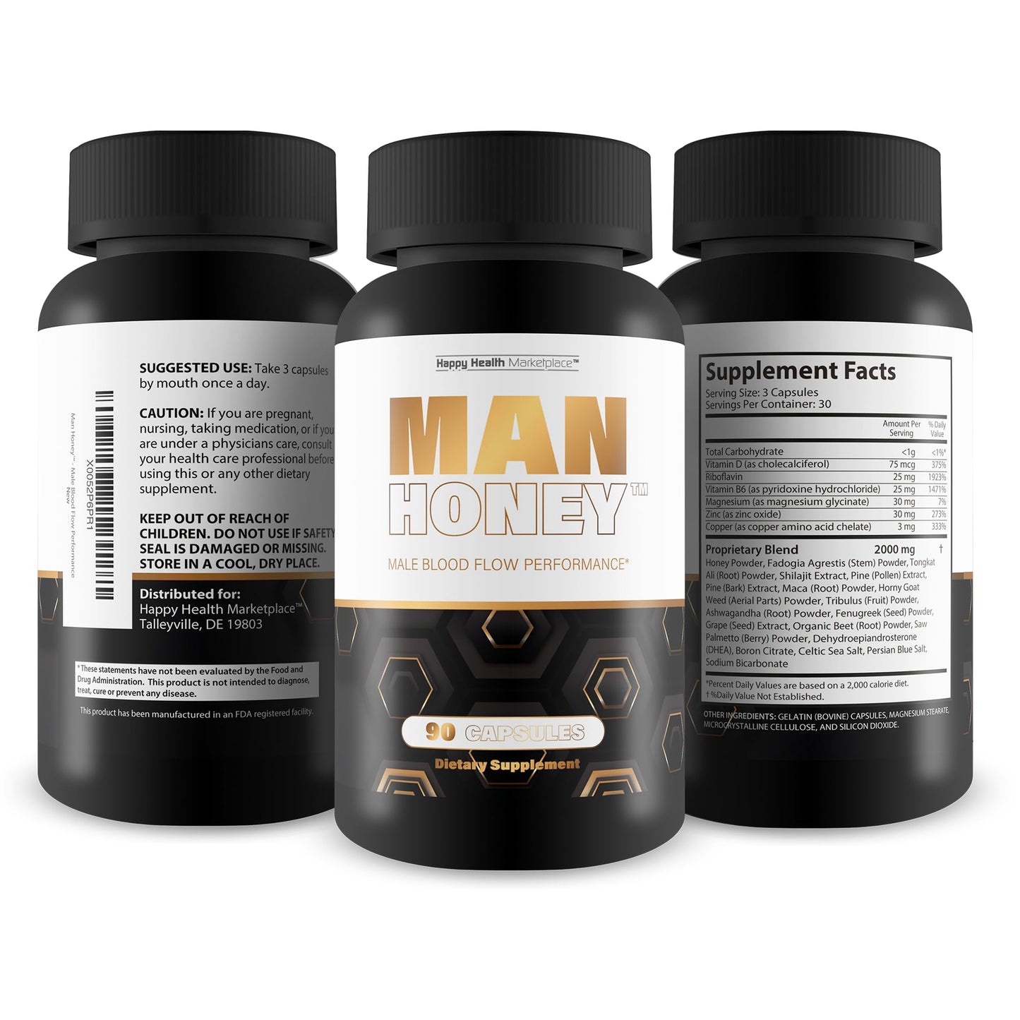 Happy Health Marketplace Man Honey Blood Flow Performance Capsules Beet Root & Saw Palmetto Prostate Support, 90 Count