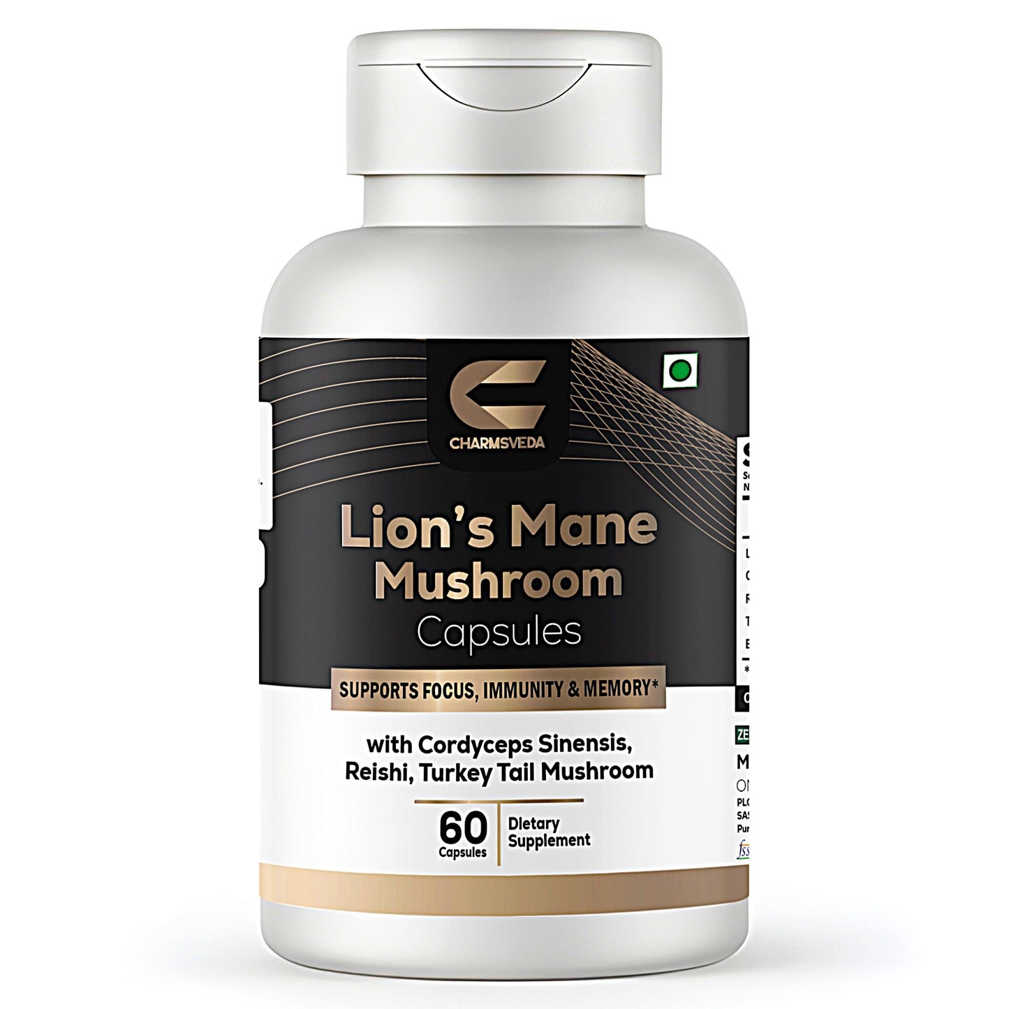 CHARMSVEDA Lion's Mane Mushroom Capsules with Cordyceps, Reishi & Turkey Tail – Mushroom Complex for Brain & Focus Support, Immune Support, Memory & Overall Wellness, 60 Capsules